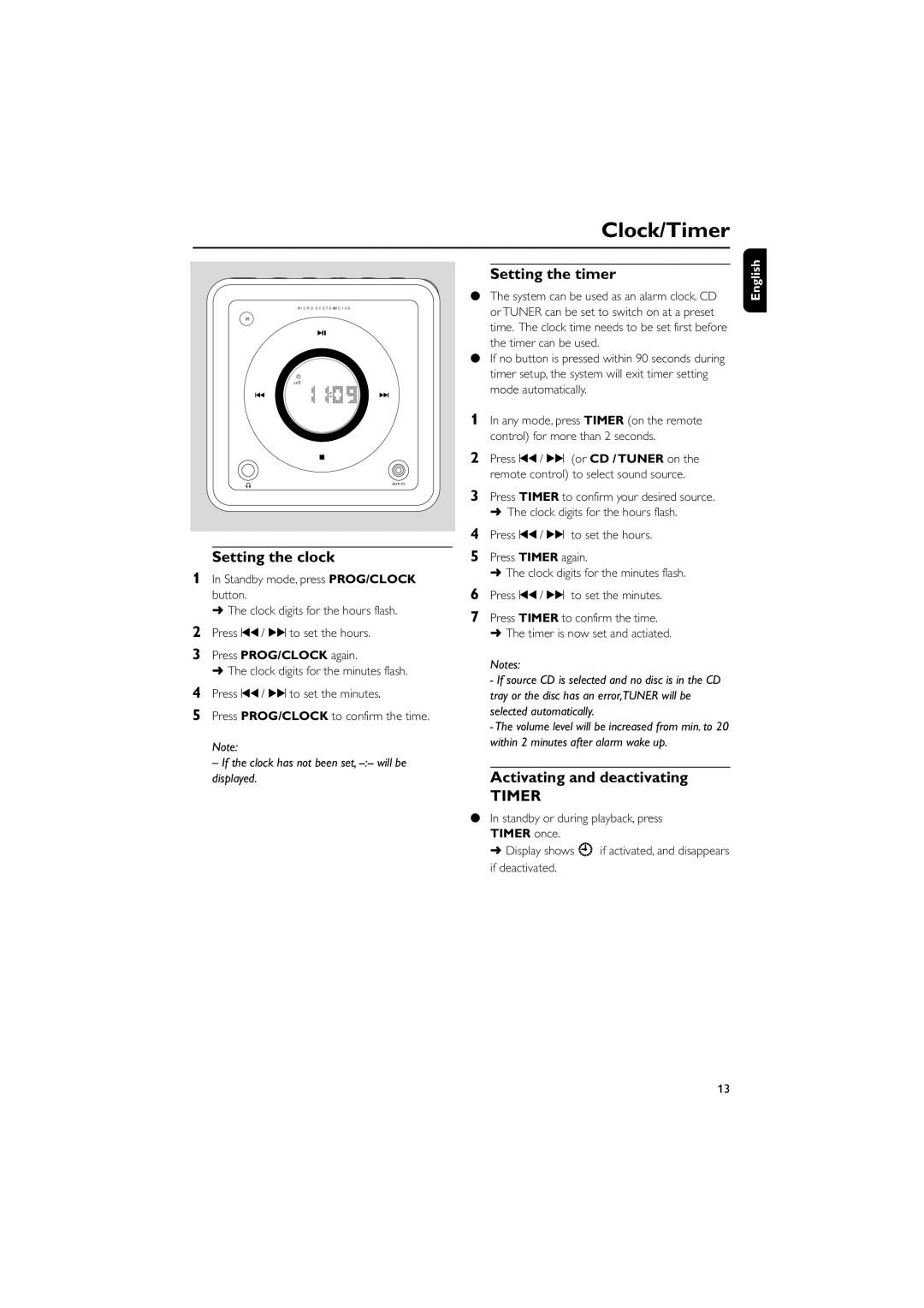 Philips MC108B user manual Clock/Timer, Setting the timer, Activating and deactivating 