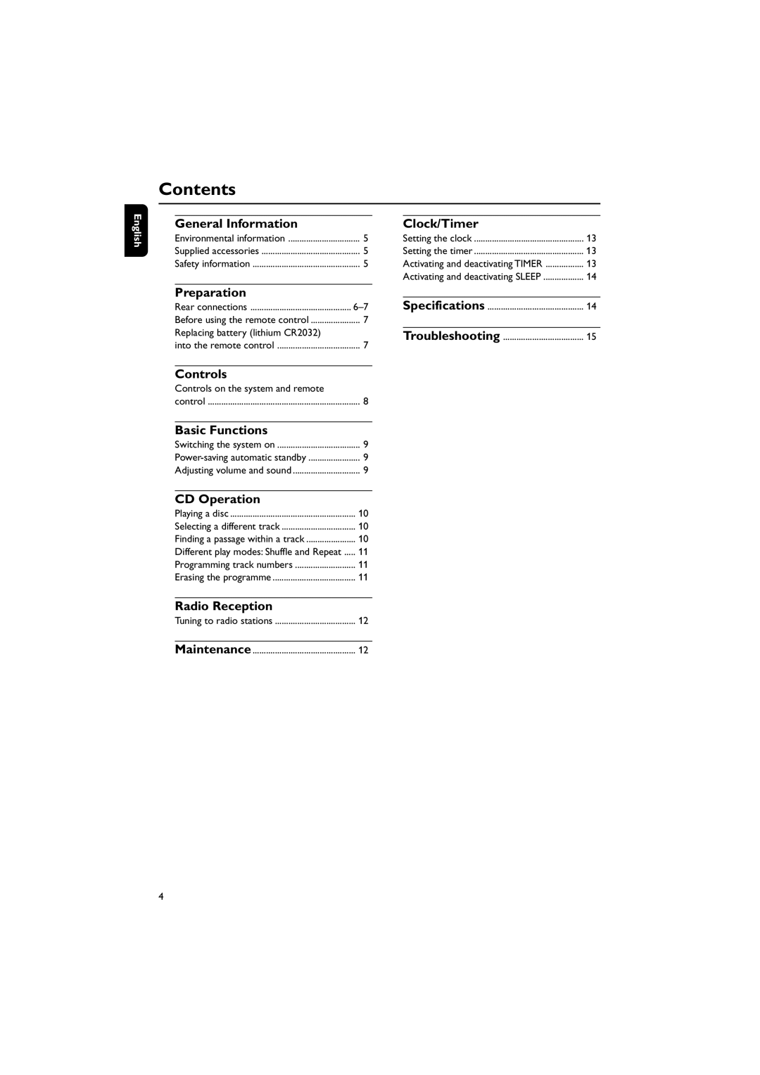 Philips MC108B user manual Contents 