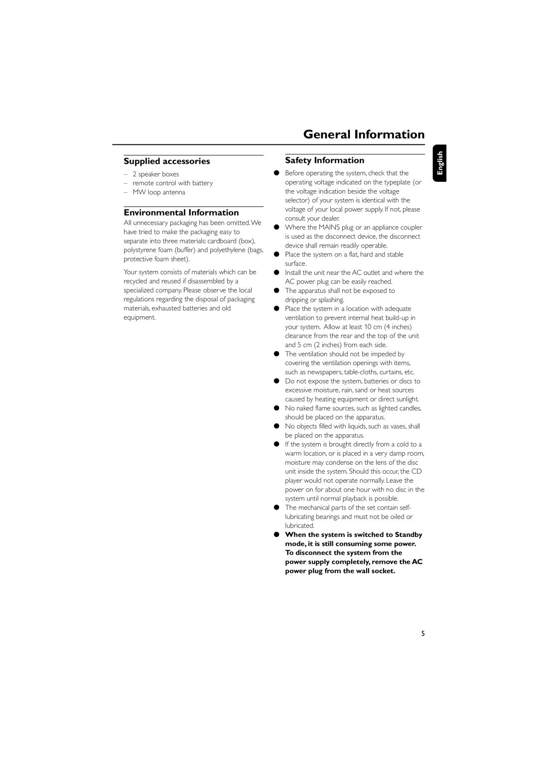 Philips MC108B user manual General Information, Supplied accessories, Environmental Information, Safety Information 