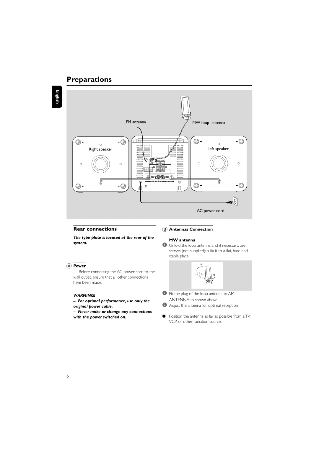 Philips MC108B user manual Preparations, Rear connections, Power, Antennas Connection MW antenna 