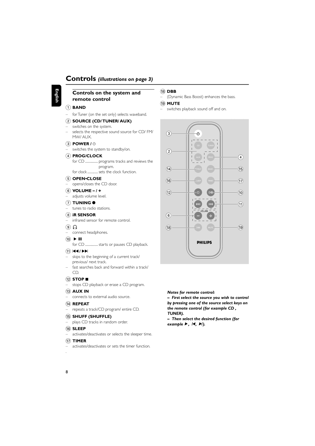 Philips MC108B user manual Controls on the system and remote control, Power / y, Volume Ð / +, IR Sensor, @ Stop 