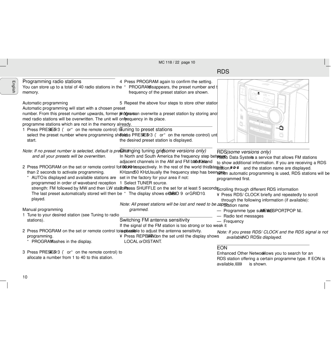 Philips MC118 manual Rds, Eon 