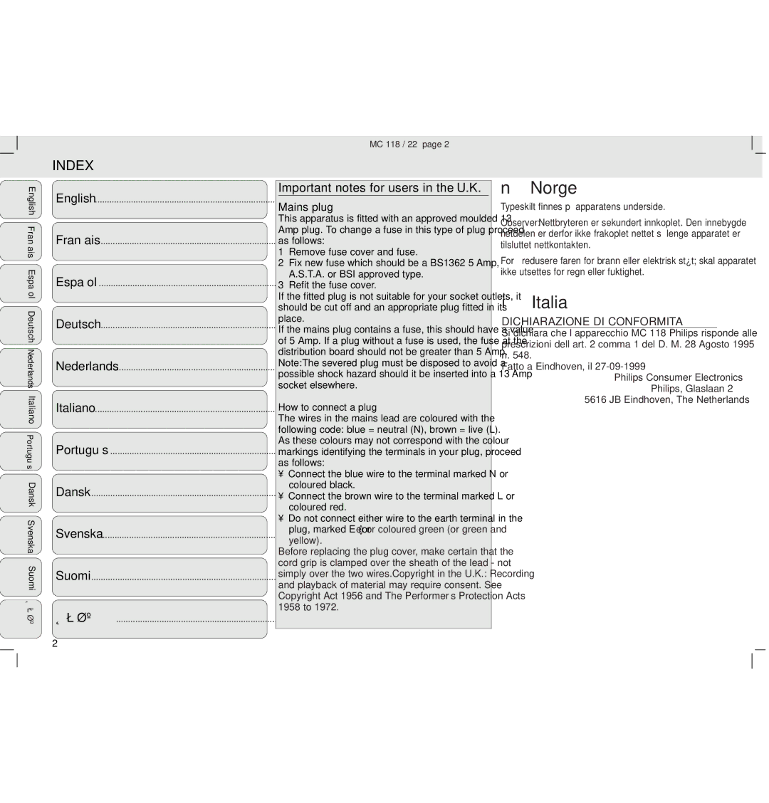 Philips MC118 manual Index, Mains plug, Dichiarazione DI CONFORMITA’, How to connect a plug, MC 118 / 22 