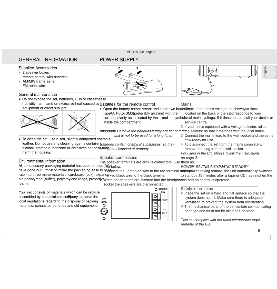 Philips MC118 manual General Information, Power Supply 