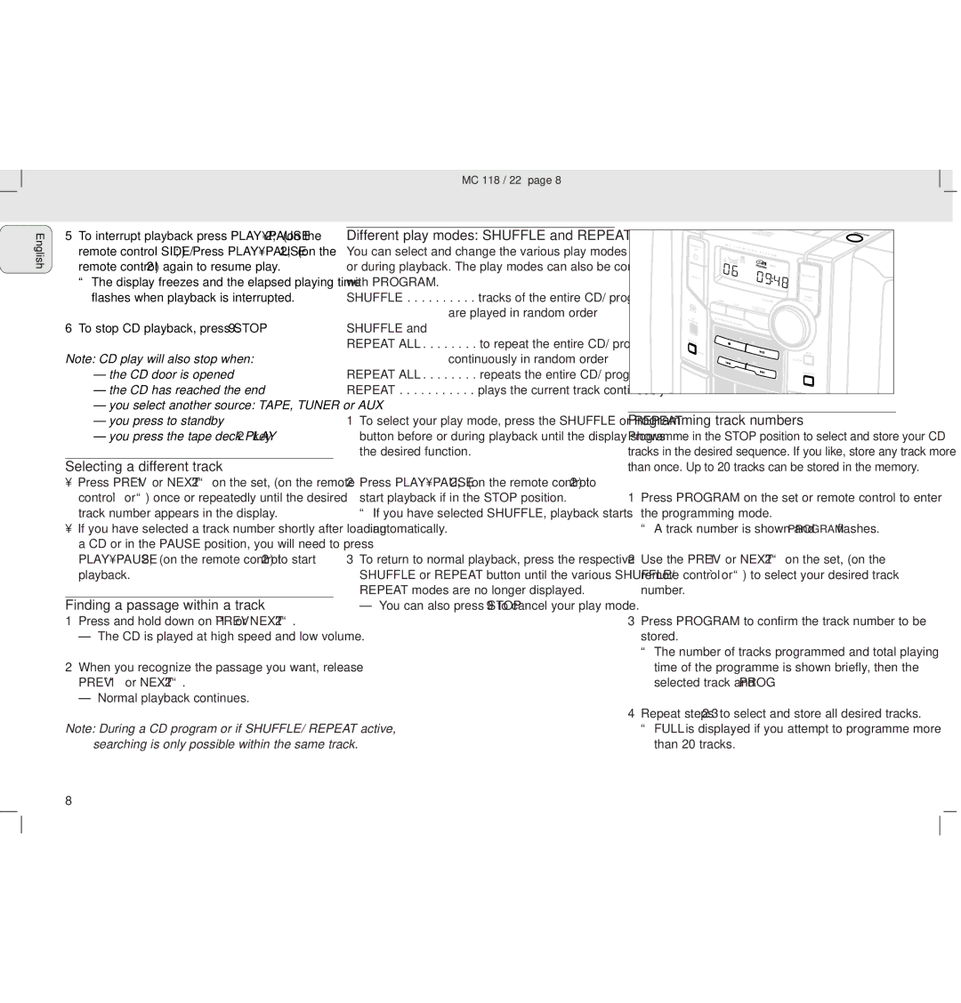 Philips MC118 manual Different play modes Shuffle and Repeat, Selecting a different track, Finding a passage within a track 