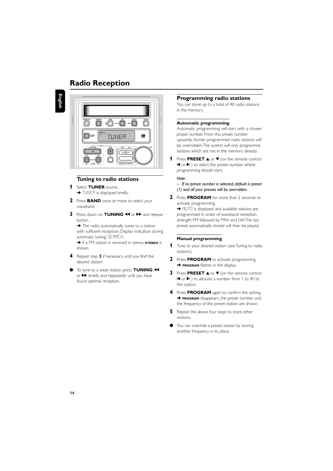 Philips MC120 manual Radio Reception, Tuning to radio stations, Programming radio stations, Automatic programming 