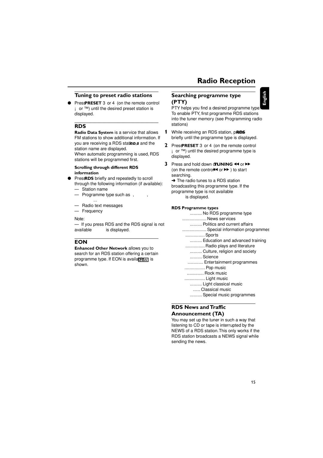 Philips MC120 manual Tuning to preset radio stations, Searching programme type PTY, RDS News and Traffic Announcement TA 