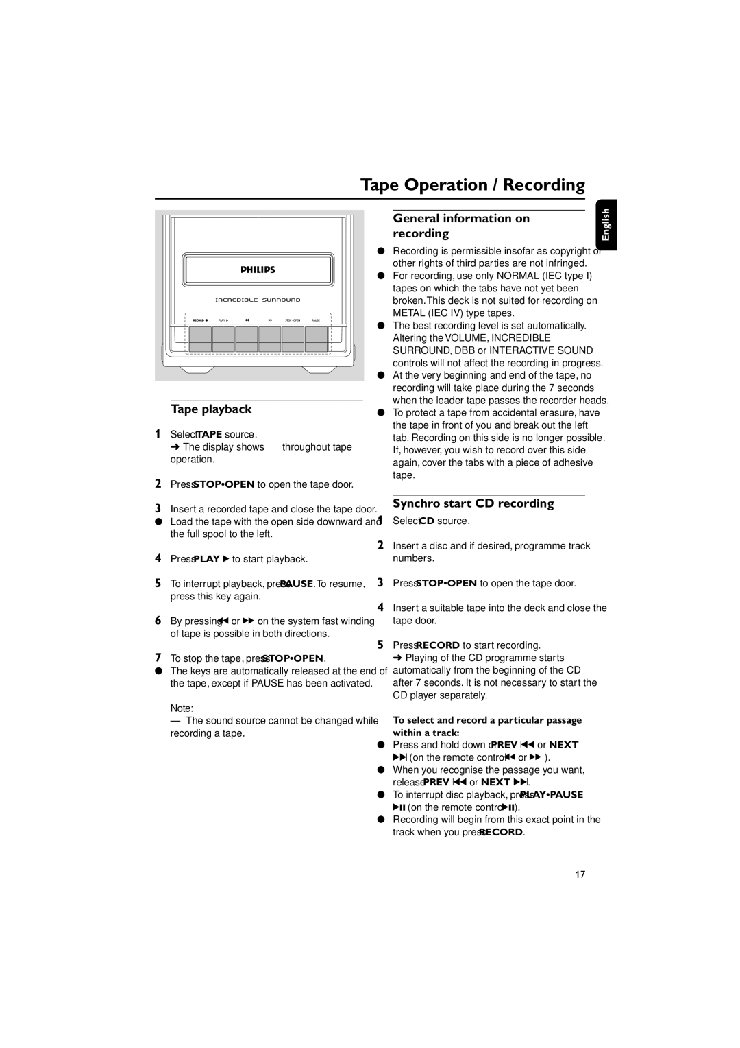 Philips MC120 manual Tape Operation / Recording, General information on recording 