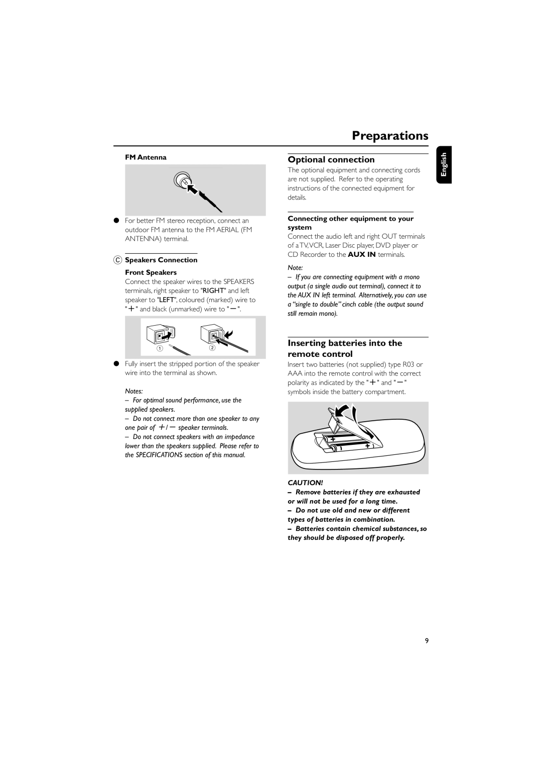 Philips MC120 manual Optional connection, Inserting batteries into the remote control, FM Antenna 