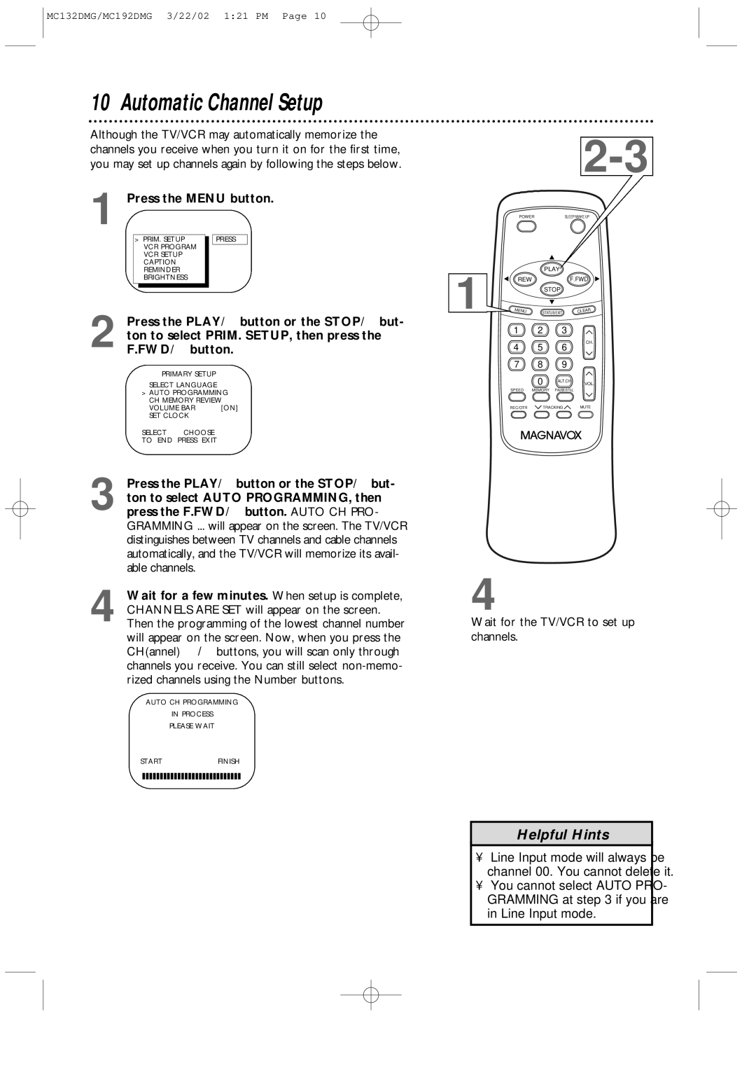 Philips MC132DMG, MC192DMG owner manual Automatic Channel Setup, Wait for the TV/VCR to set up channels, Line Input mode 