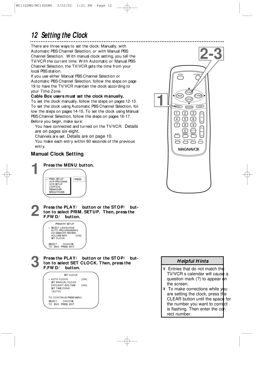 Philips MC132DMG Setting the Clock, Manual Clock Setting, Cable Box users must set the clock manually, Rect number 