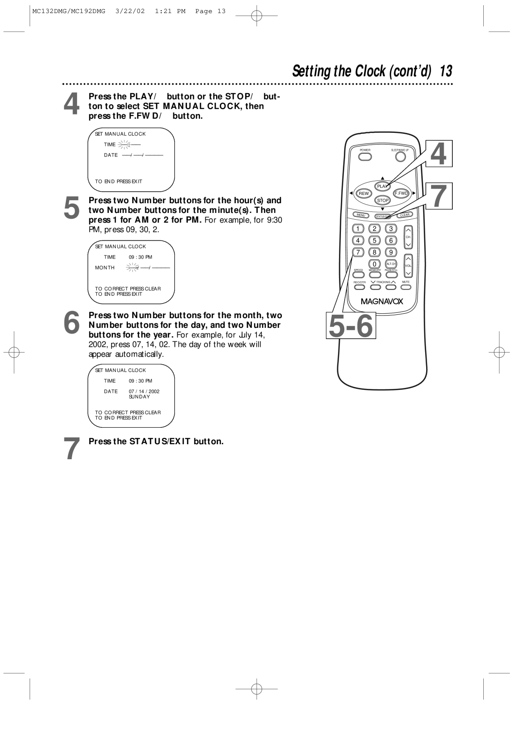 Philips MC192DMG, MC132DMG Setting the Clock cont’d, PM, press 09, 30, Buttons for the year. For example, for July 