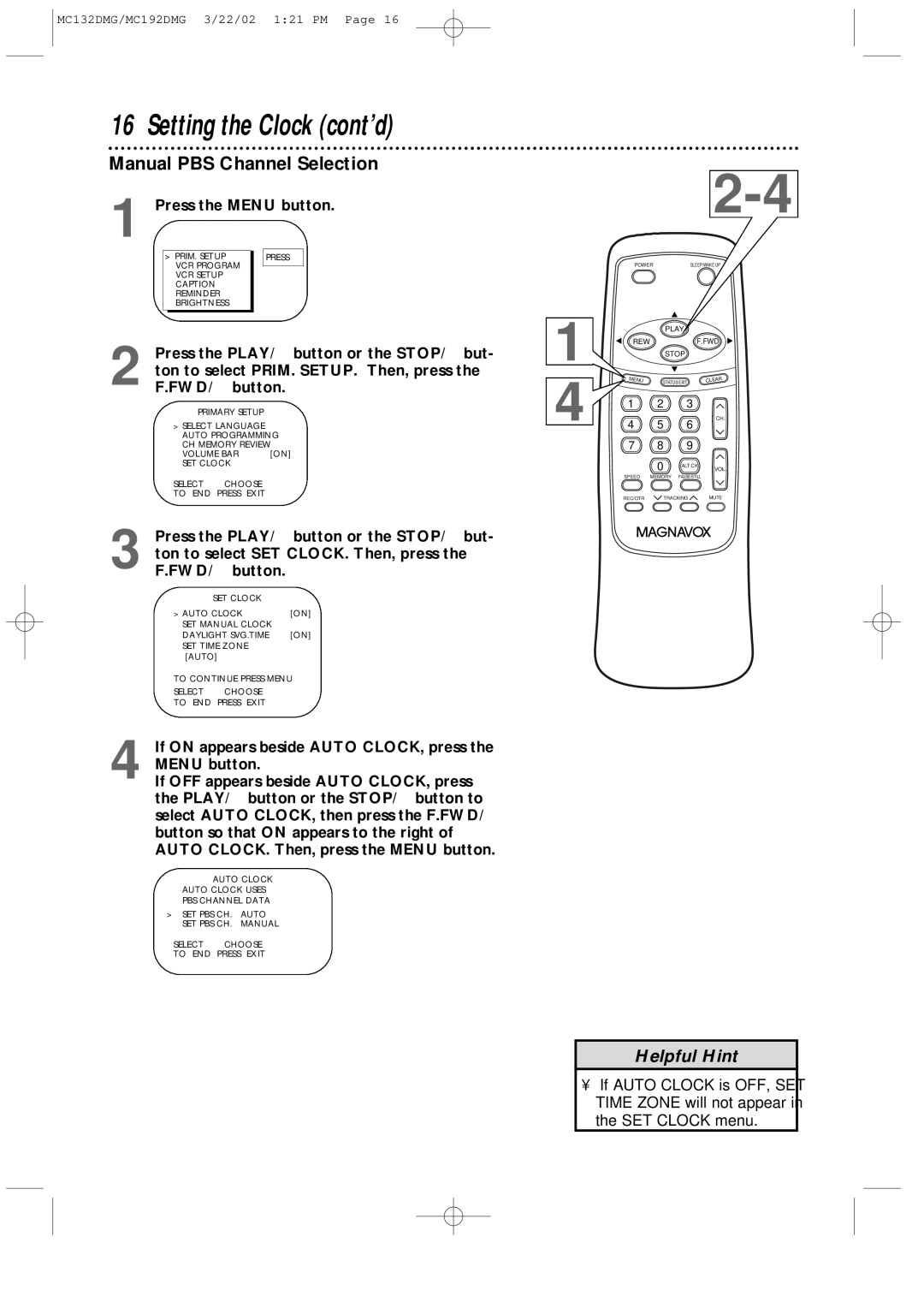 Philips MC132DMG, MC192DMG owner manual Manual PBS Channel Selection 