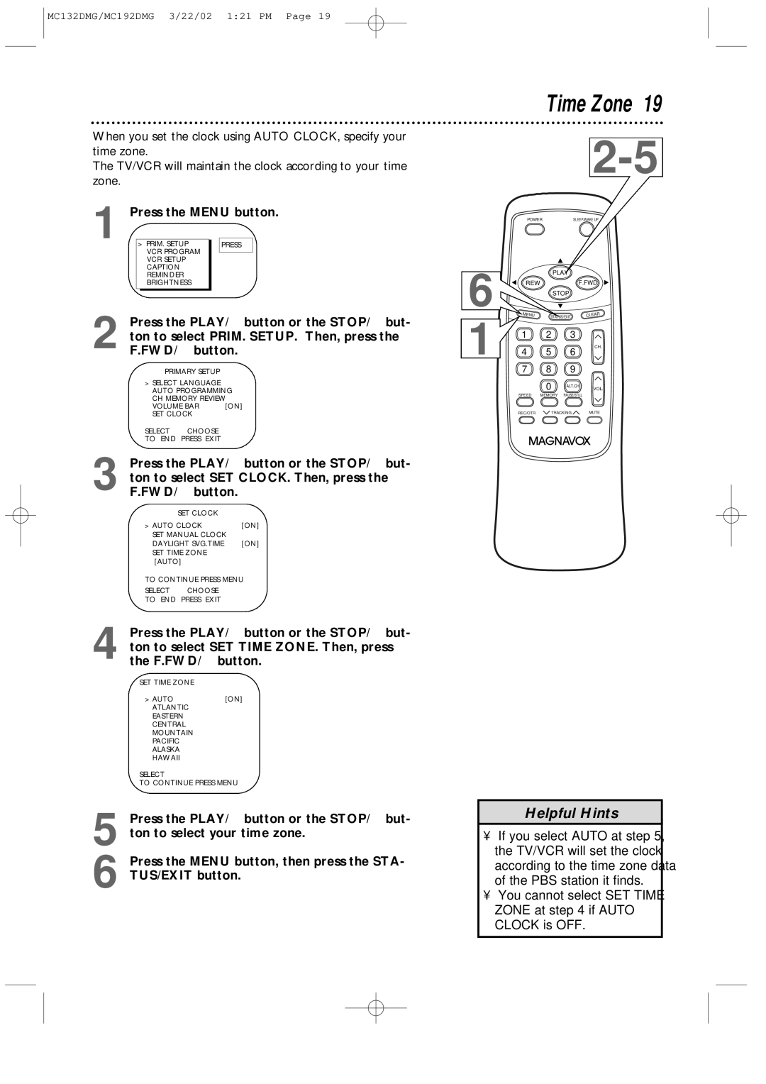 Philips MC192DMG, MC132DMG owner manual Time Zone, Clock is OFF 