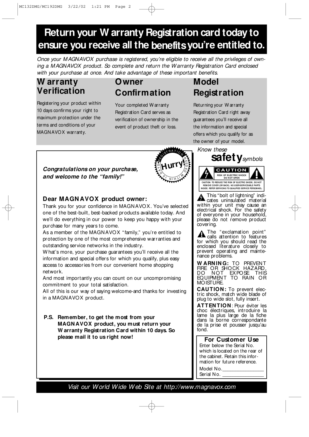 Philips MC132DMG, MC192DMG owner manual Dear Magnavox product owner, For Customer Use, Model No Serial No 