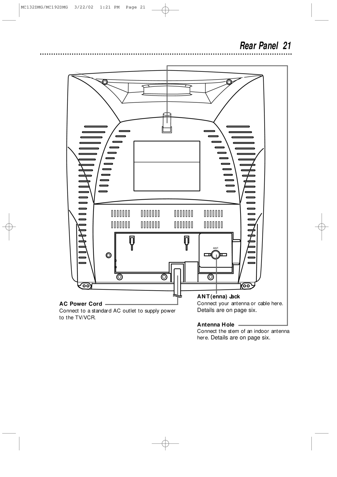 Philips MC192DMG, MC132DMG Rear Panel, ANTenna Jack AC Power Cord, Details are on page six, To the TV/VCR, Antenna Hole 