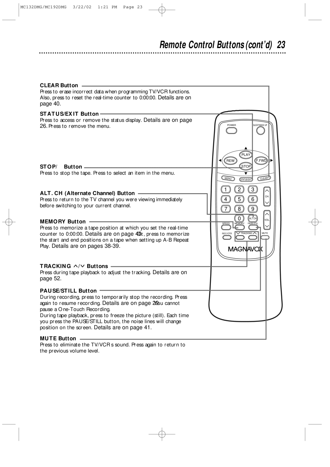 Philips MC192DMG, MC132DMG Clear Button, STATUS/EXIT Button, STOP/ Button, ALT. CH Alternate Channel Button, Memory Button 