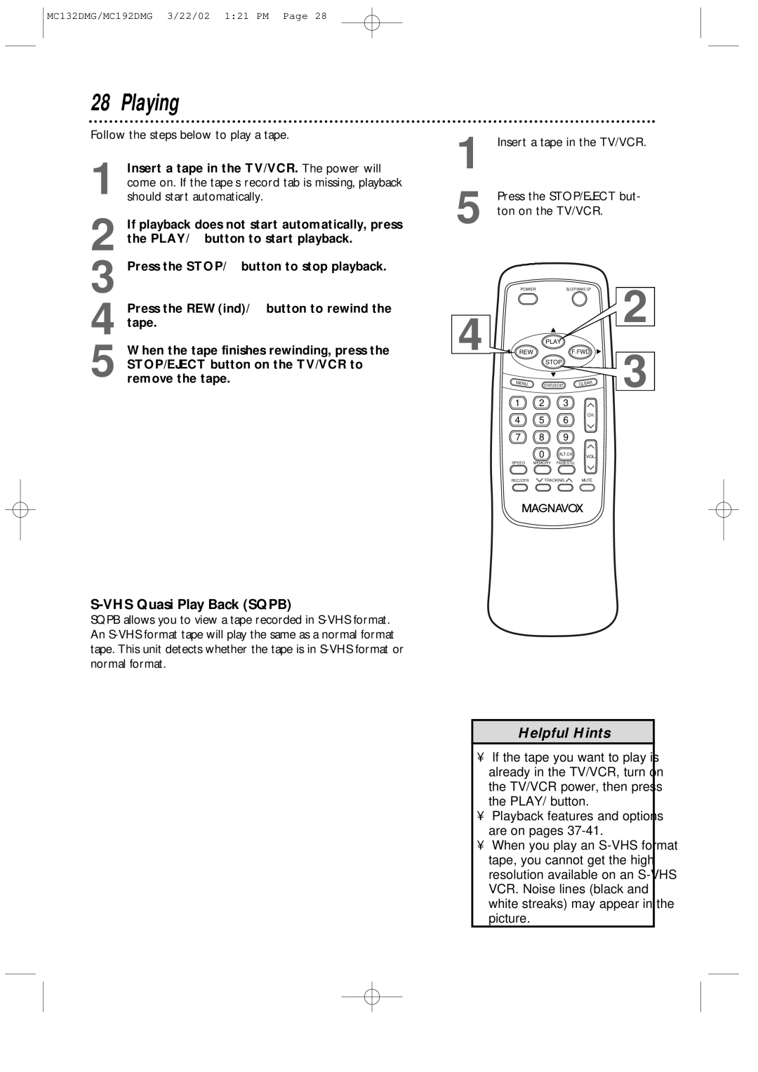 Philips MC132DMG, MC192DMG owner manual Playing, Follow the steps below to play a tape 