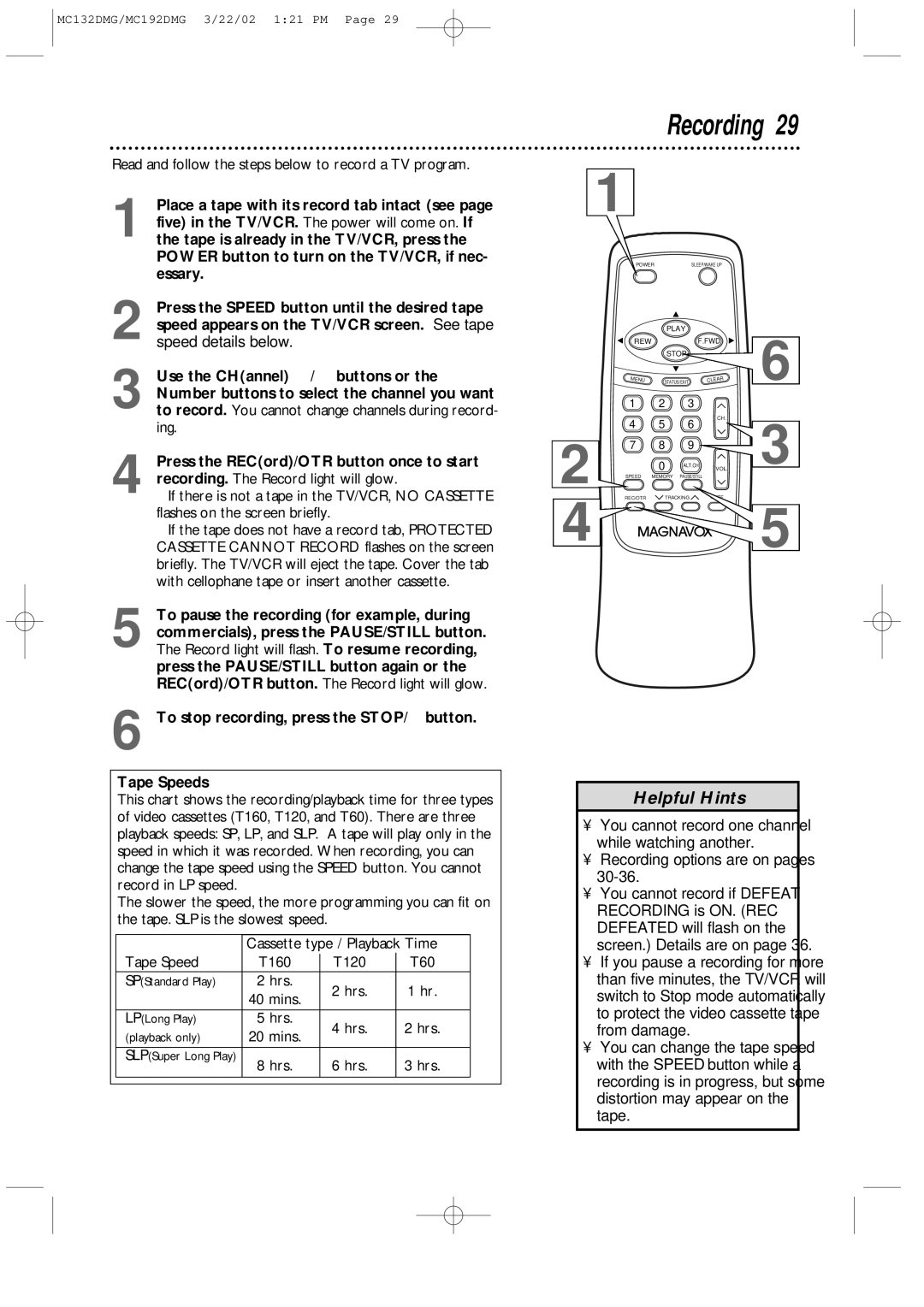 Philips MC192DMG Read and follow the steps below to record a TV program, Hrs, Recording options are on pages, Tape 