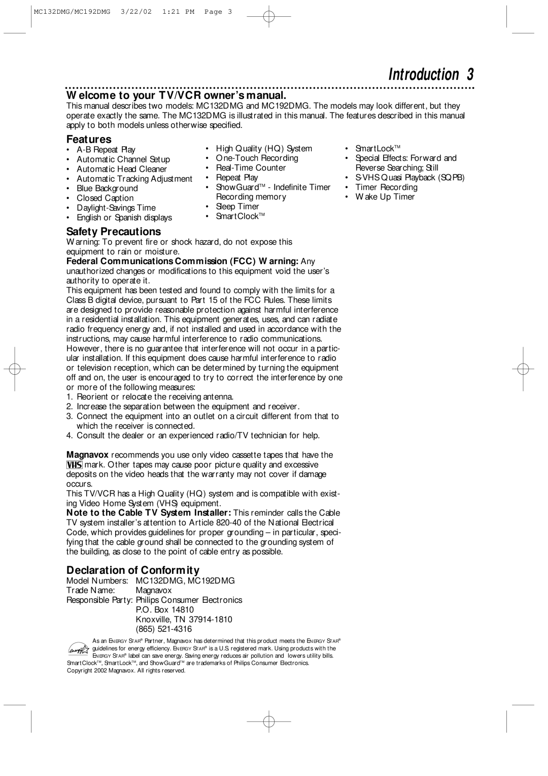 Philips MC192DMG, MC132DMG owner manual Introduction, Features, Safety Precautions, Declaration of Conformity 