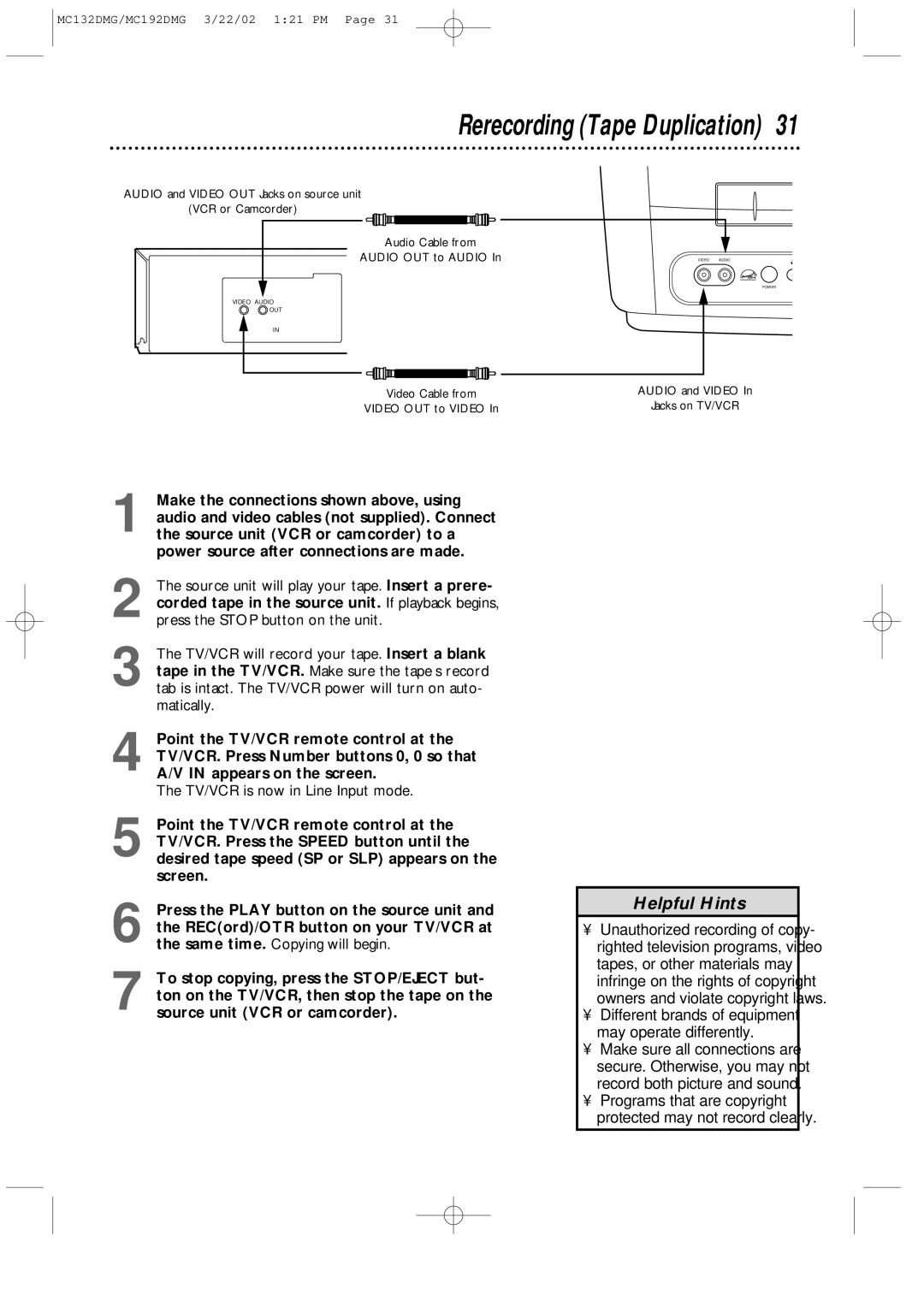 Philips MC192DMG, MC132DMG owner manual Rerecording Tape Duplication, TV/VCR is now in Line Input mode 