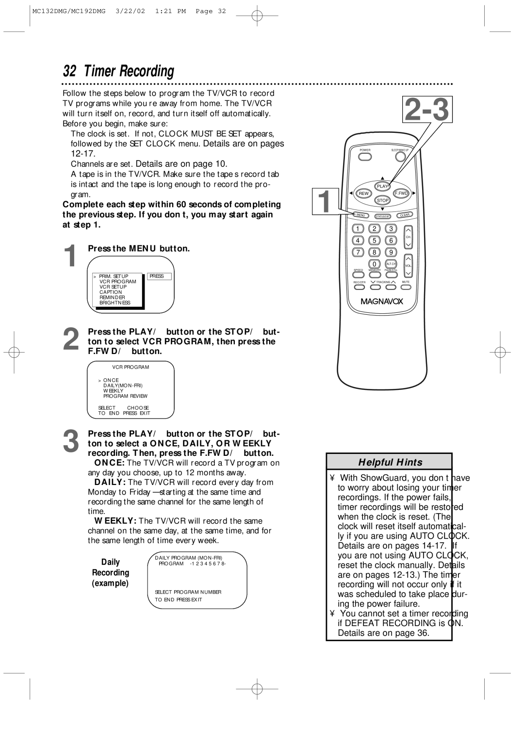 Philips MC132DMG, MC192DMG owner manual Timer Recording, Daily, Details are on 