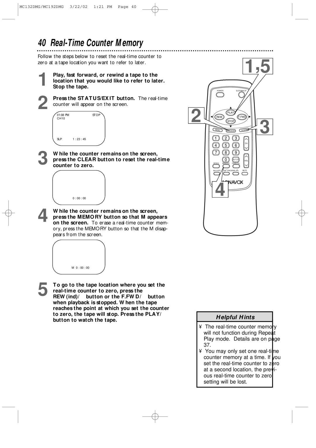 Philips MC132DMG, MC192DMG owner manual Counter will appear on the screen, Setting will be lost 