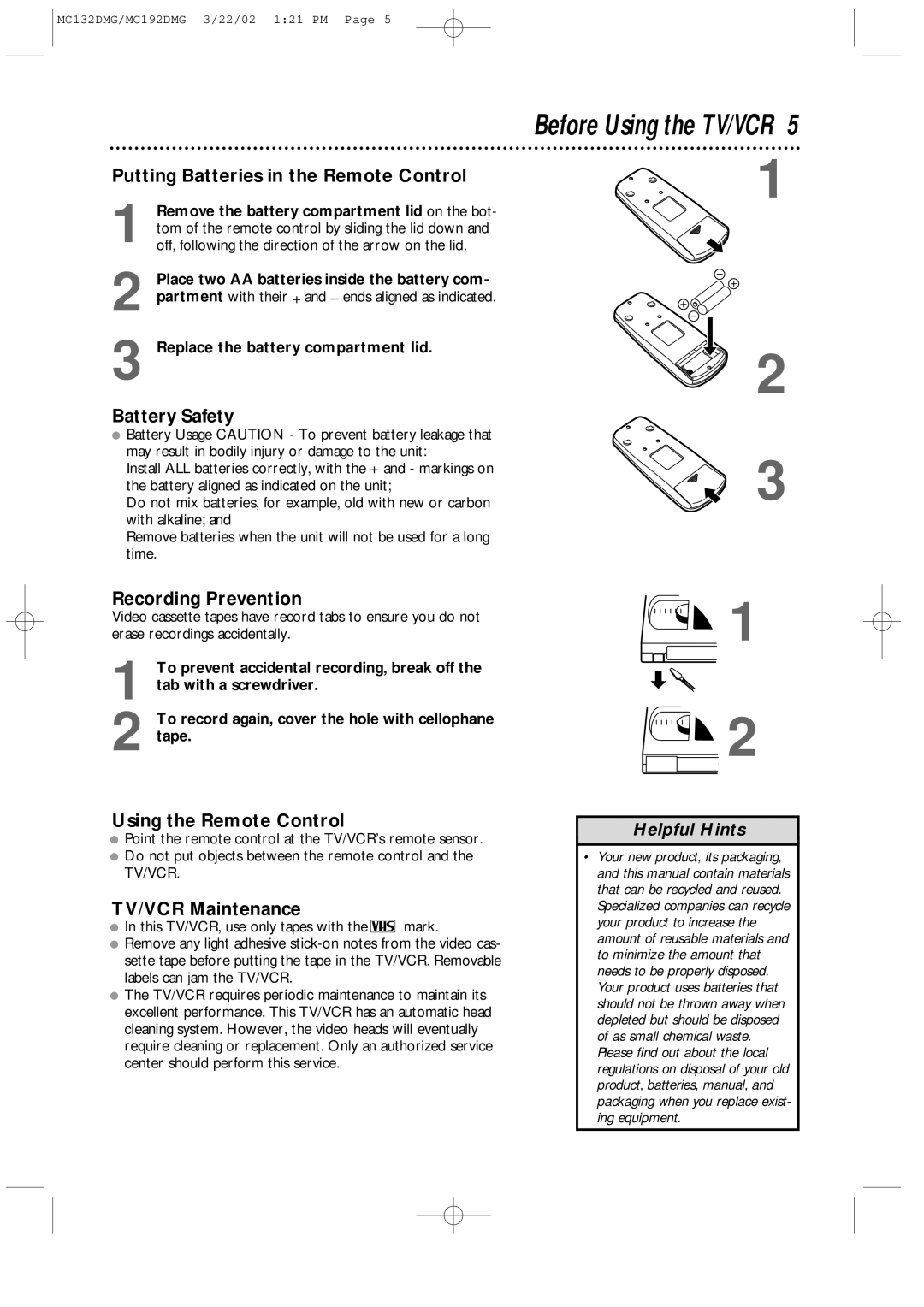 Philips MC192DMG Putting Batteries in the Remote Control, Battery Safety, Recording Prevention, Using the Remote Control 