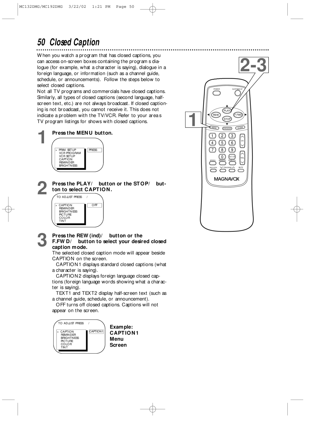 Philips MC132DMG, MC192DMG owner manual Closed Caption, Example, Menu Screen 