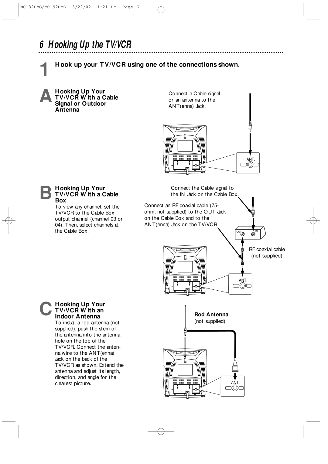 Philips MC132DMG, MC192DMG Hooking Up the TV/VCR, Hook up your TV/VCR using one of the connections shown, Rod Antenna 