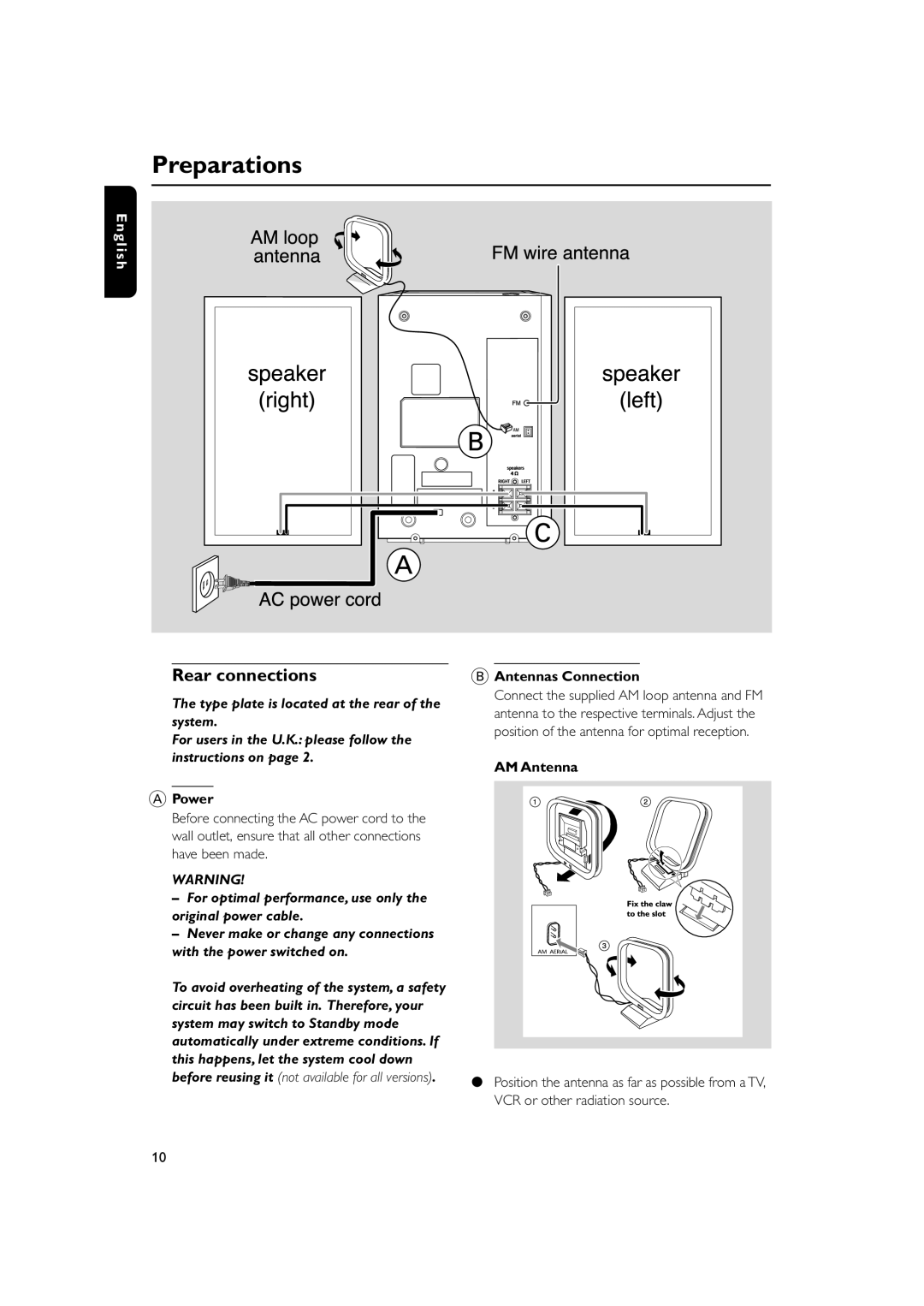 Philips MC138 owner manual Preparations, Rear connections, Power, AM Antenna 