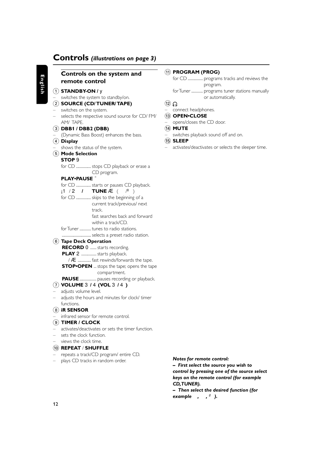 Philips MC138 owner manual Controls on the system and remote control 