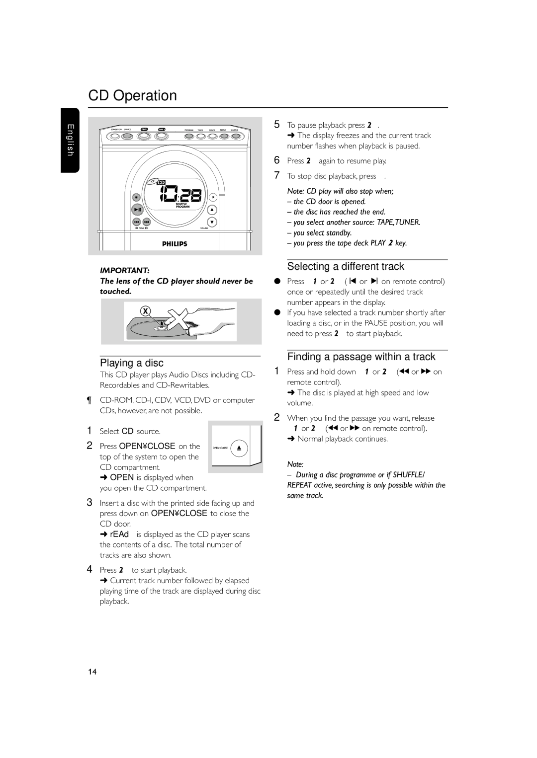 Philips MC138 owner manual CD Operation, Selecting a different track, Playing a disc, Finding a passage within a track 