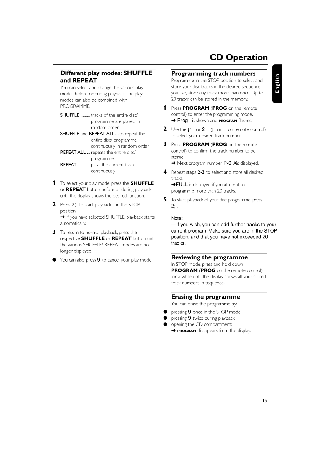 Philips MC138 owner manual Different play modes Shuffle and Repeat, Programming track numbers, Reviewing the programme 