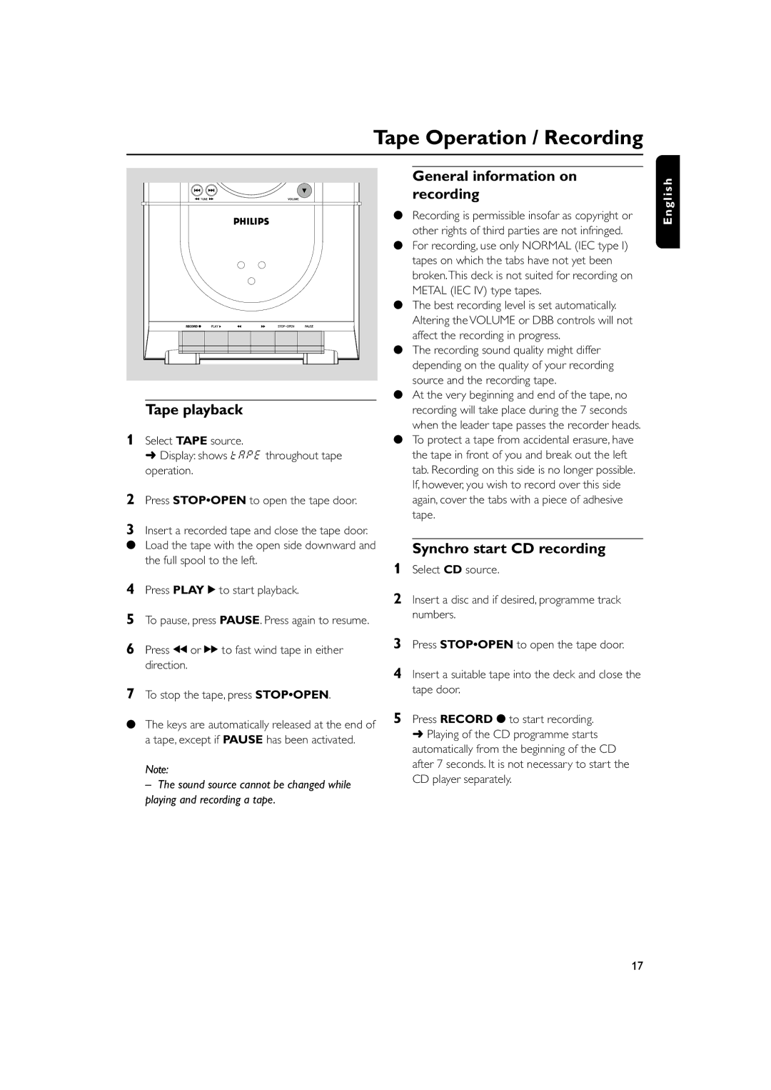 Philips MC138 owner manual General information on, Recording, Tape playback, Synchro start CD recording 