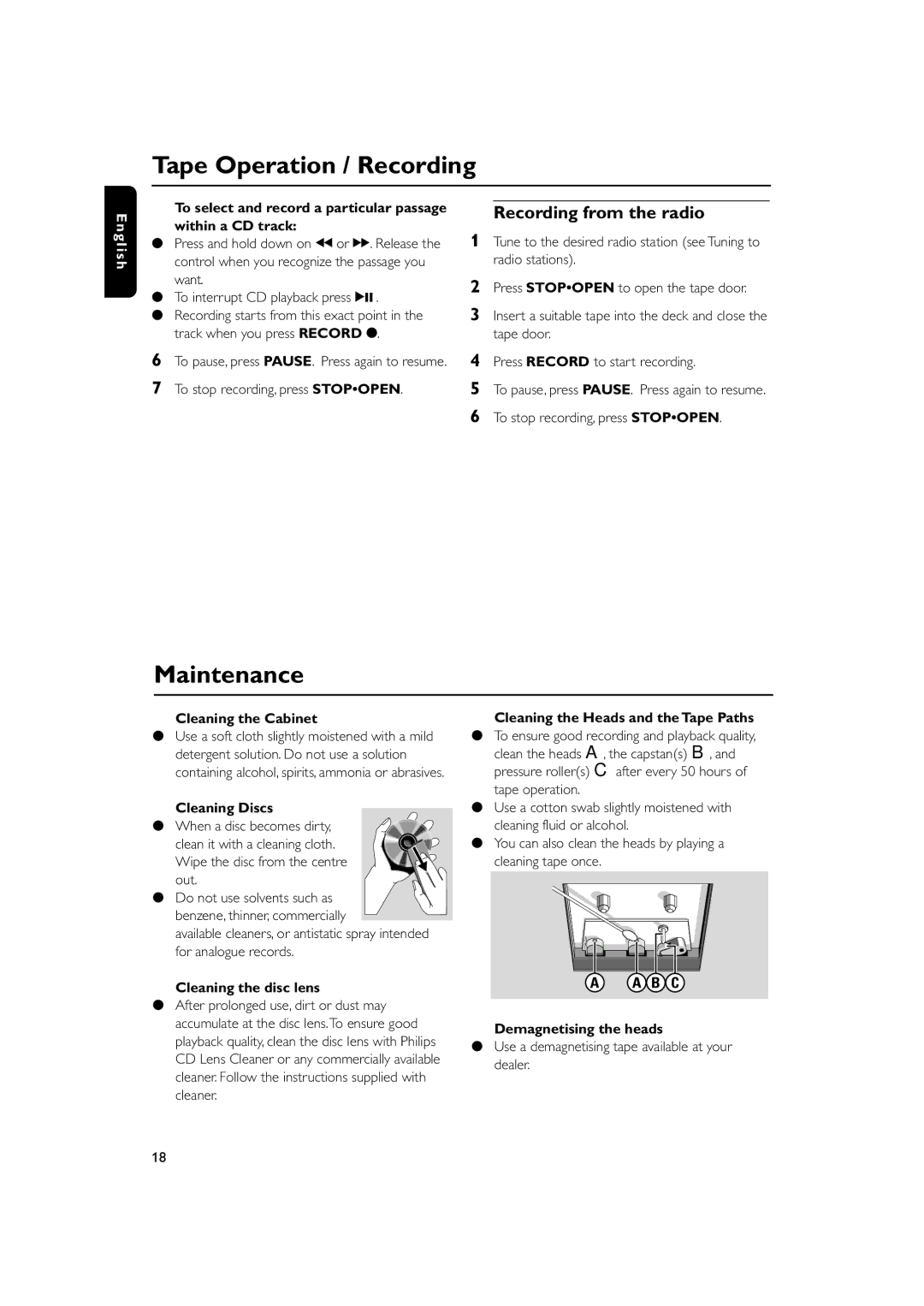 Philips MC138 owner manual Tape Operation / Recording, Maintenance, Recording from the radio 