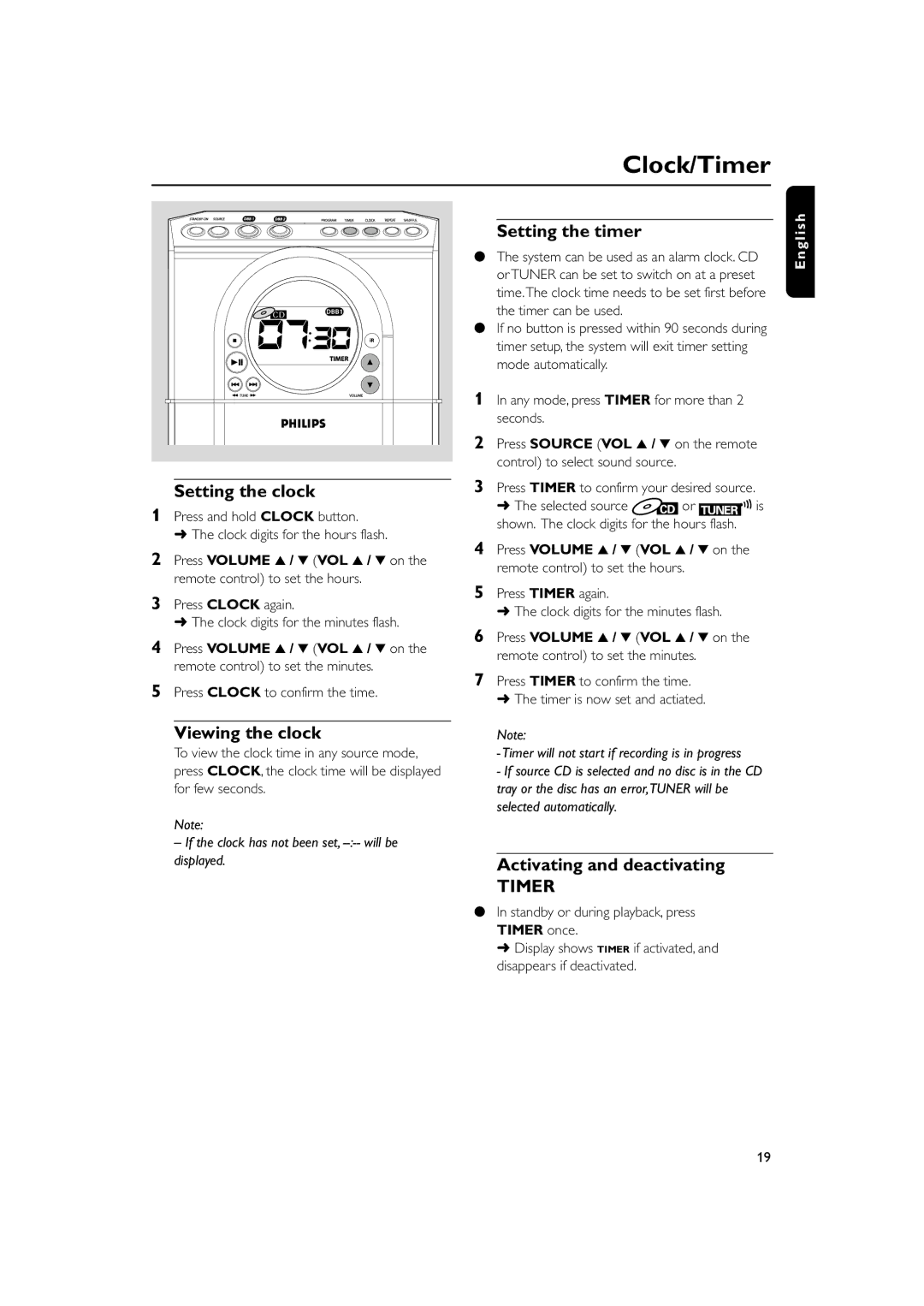 Philips MC138 Clock/Timer, Setting the clock, Viewing the clock, Setting the timer, Activating and deactivating 