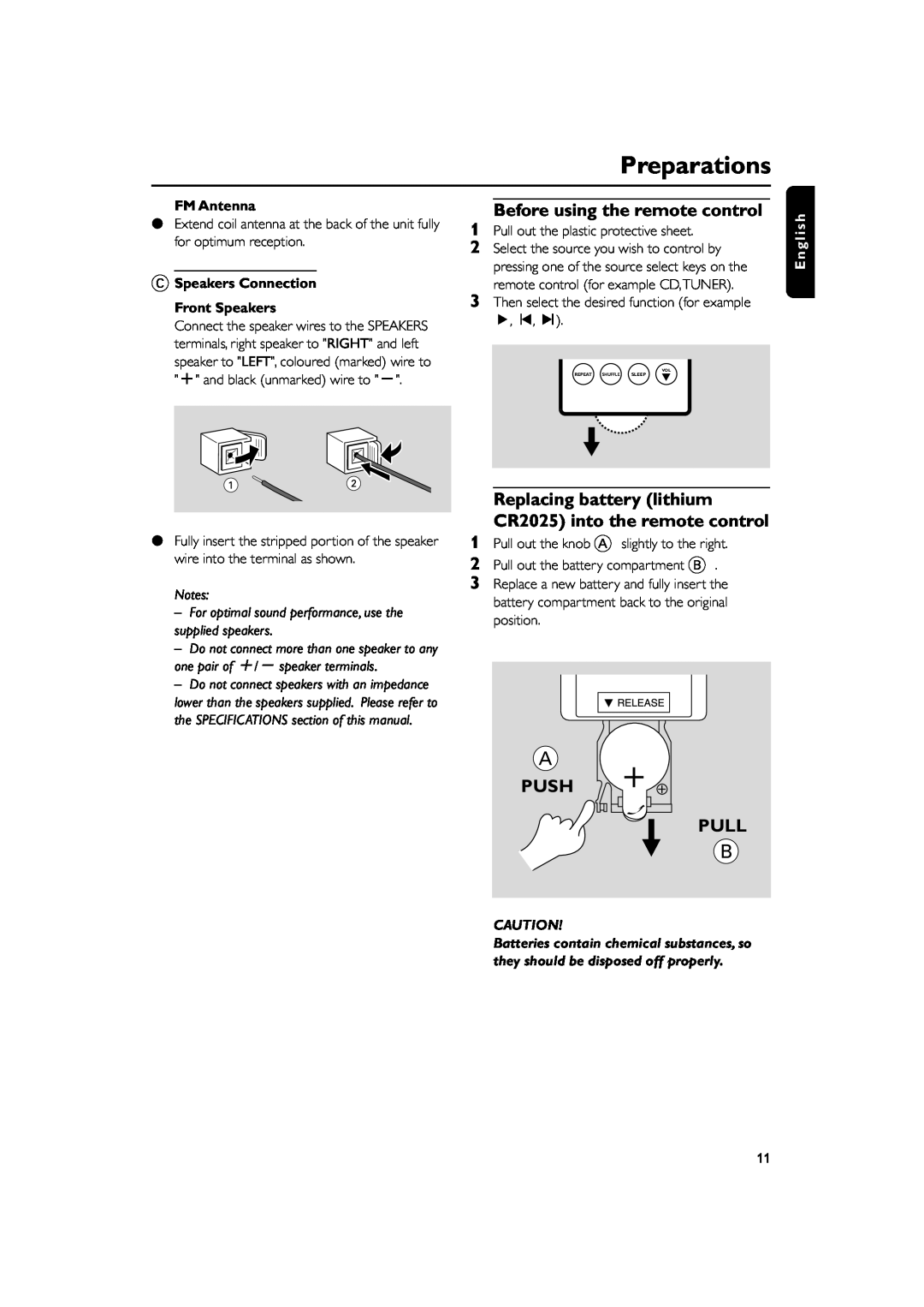 Philips MC138 owner manual Preparations, Before using the remote control, Push Pull, É, í, ë, E n g l i s h 