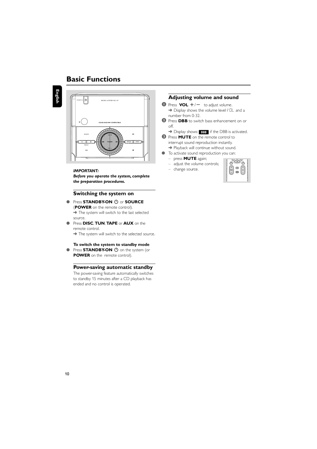 Philips MC147 Basic Functions, Adjusting volume and sound, Switching the system on, Power-saving automatic standby 