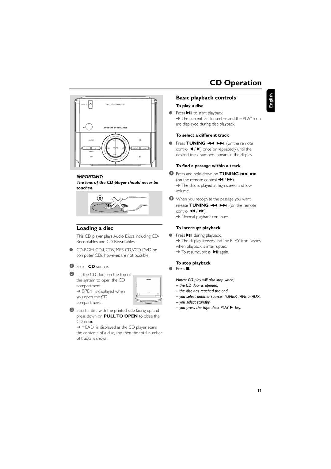 Philips MC147 user manual CD Operation, Loading a disc, Basic playback controls 