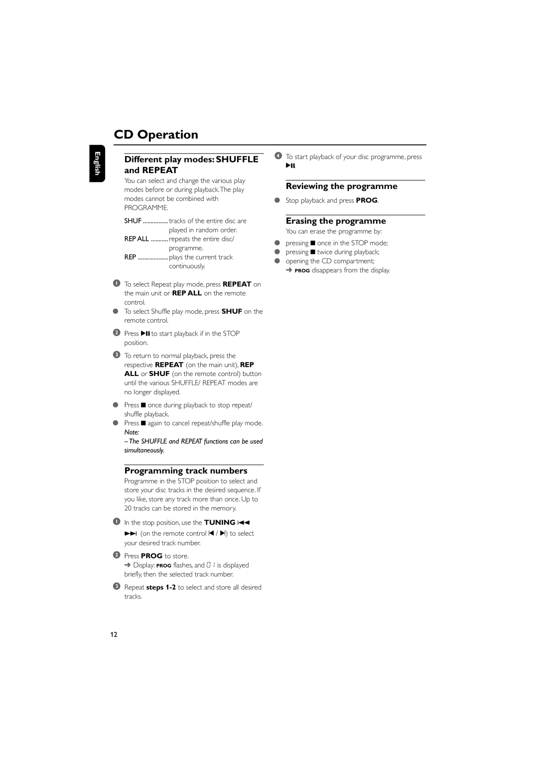 Philips MC147 user manual Different play modes Shuffle and Repeat, Programming track numbers, Reviewing the programme 