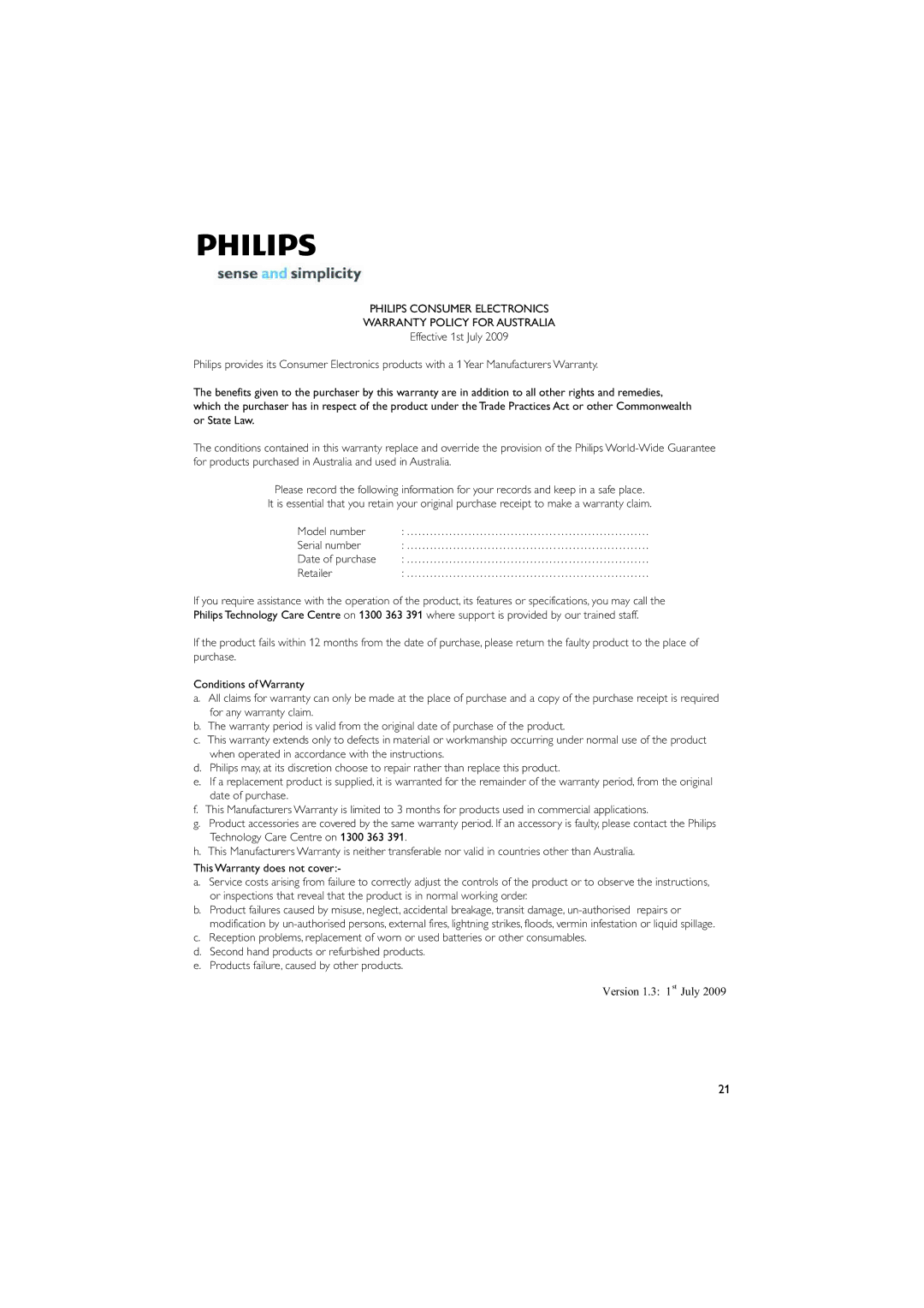 Philips MC147 user manual Philips Consumer Electronics Warranty Policy for Australia 