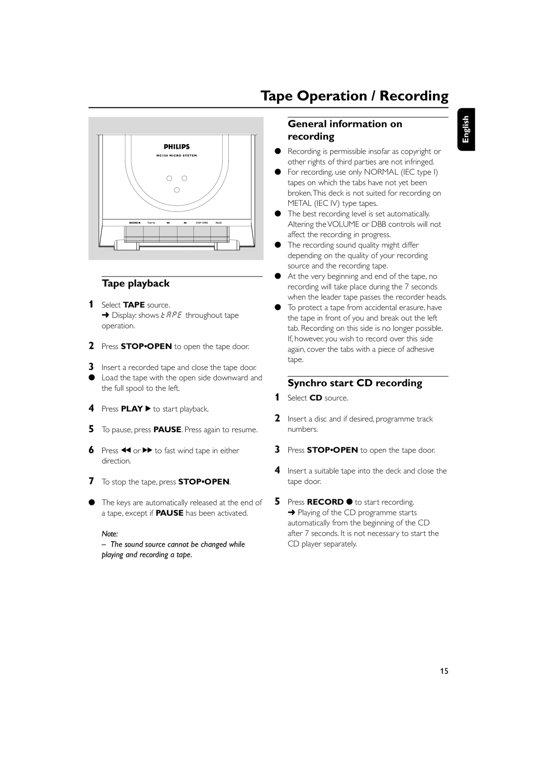 Philips MC150 manual General information on, Recording, Tape playback, Synchro start CD recording 