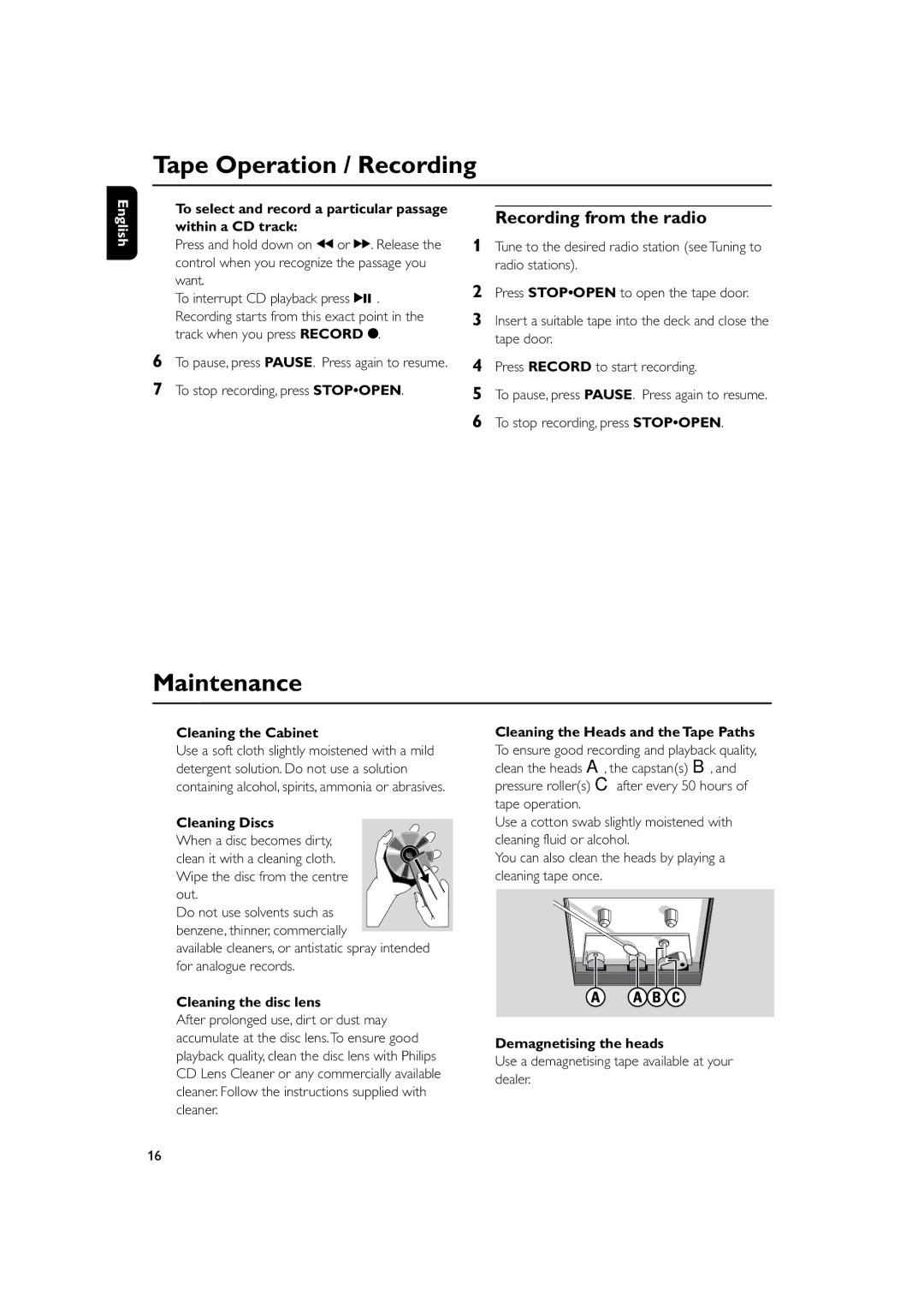 Philips MC150 manual Tape Operation / Recording, Maintenance, Recording from the radio 