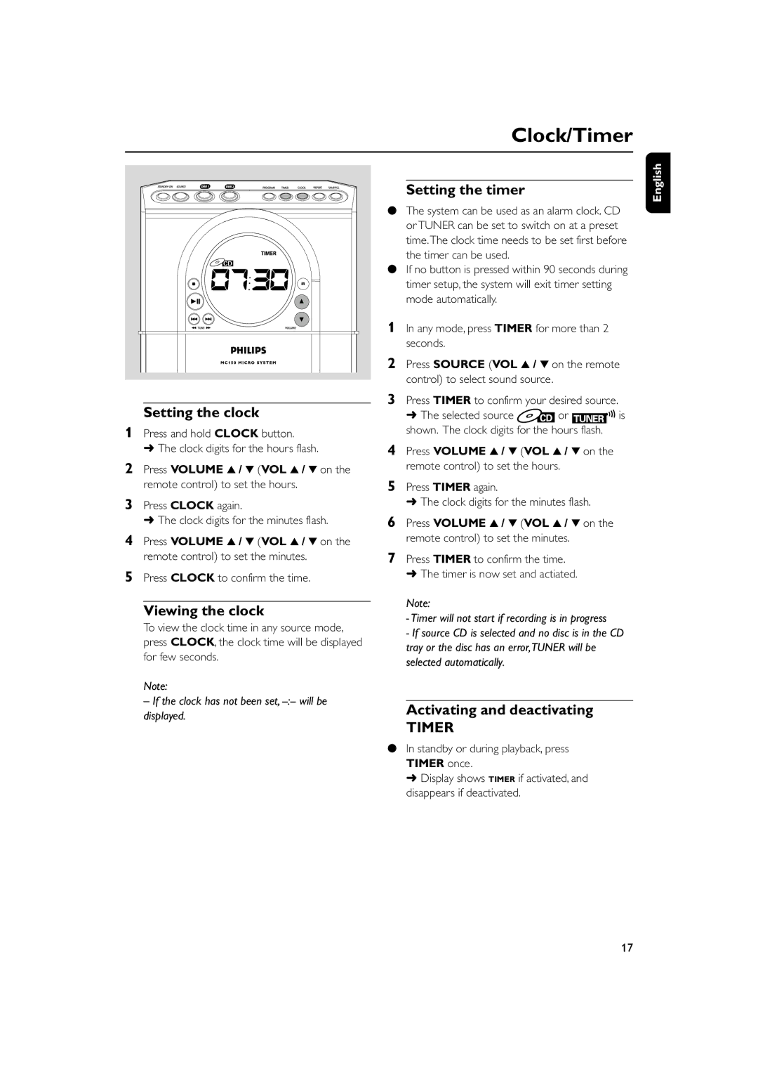 Philips MC150 manual Clock/Timer, Setting the clock, Viewing the clock, Setting the timer, Activating and deactivating 