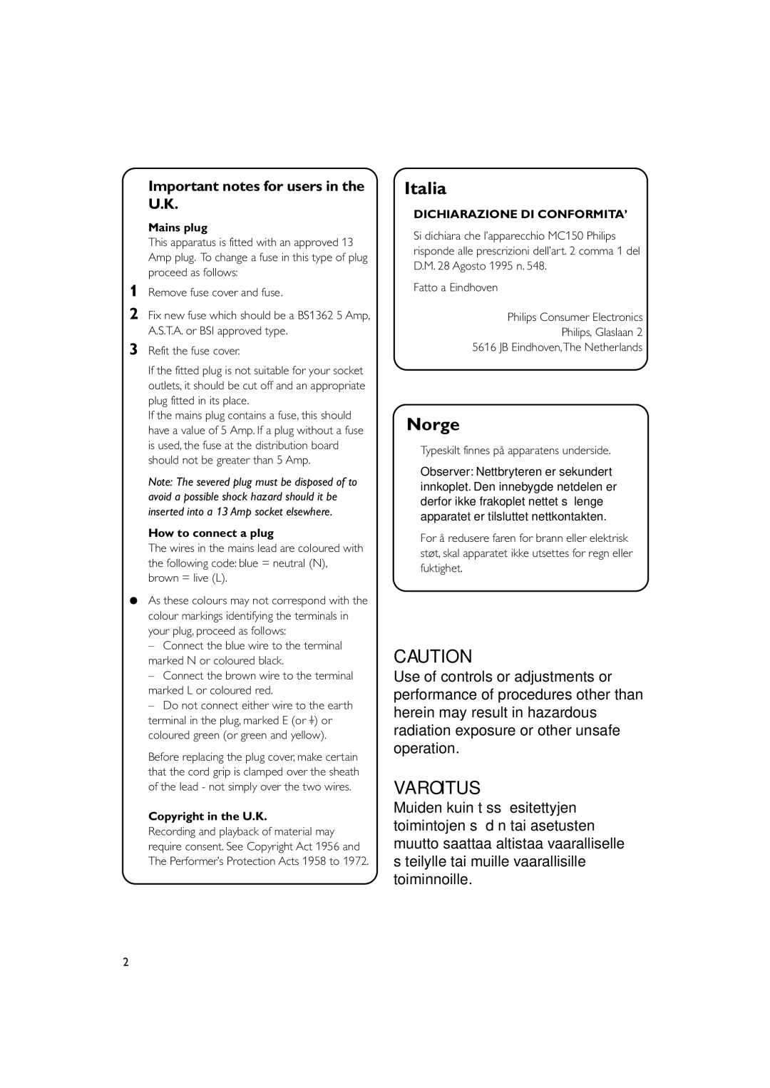 Philips MC150 manual Important notes for users in the U.K, Mains plug, How to connect a plug, Copyright in the U.K 