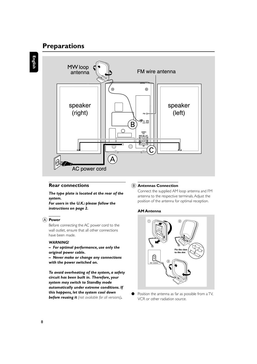 Philips MC150 manual Preparations, Rear connections, Power, Antennas Connection, AM Antenna 