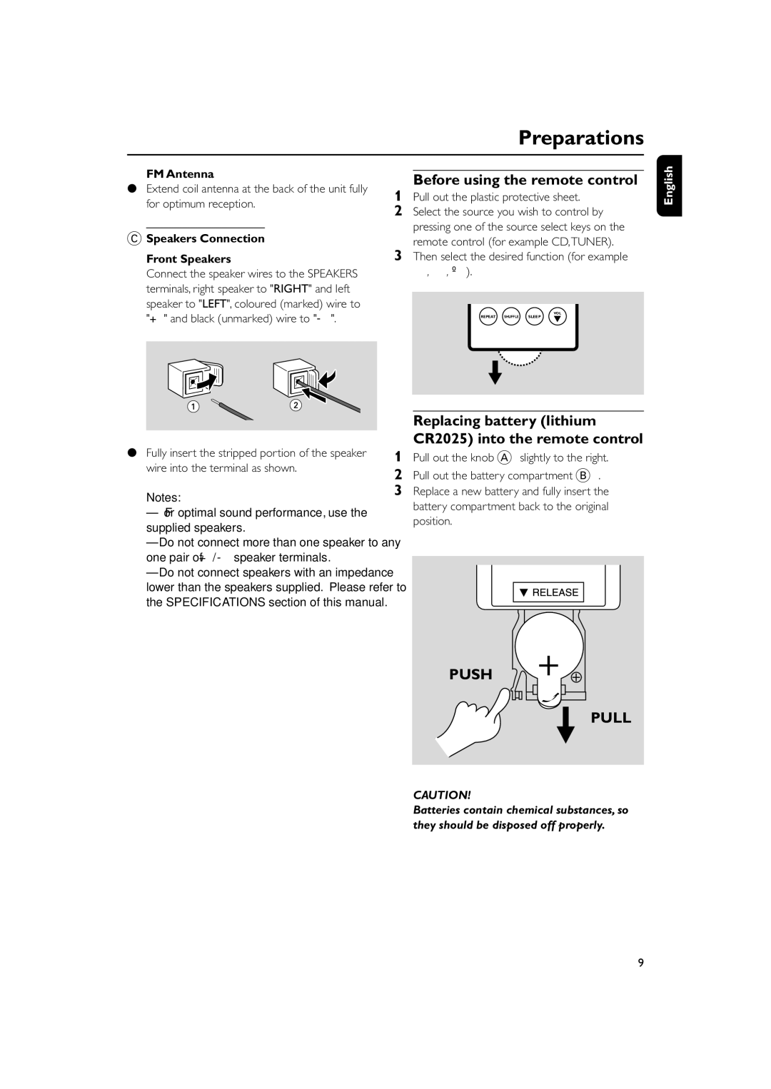 Philips MC150 manual Before using the remote control, Replacing battery lithium CR2025 into the remote control, FM Antenna 