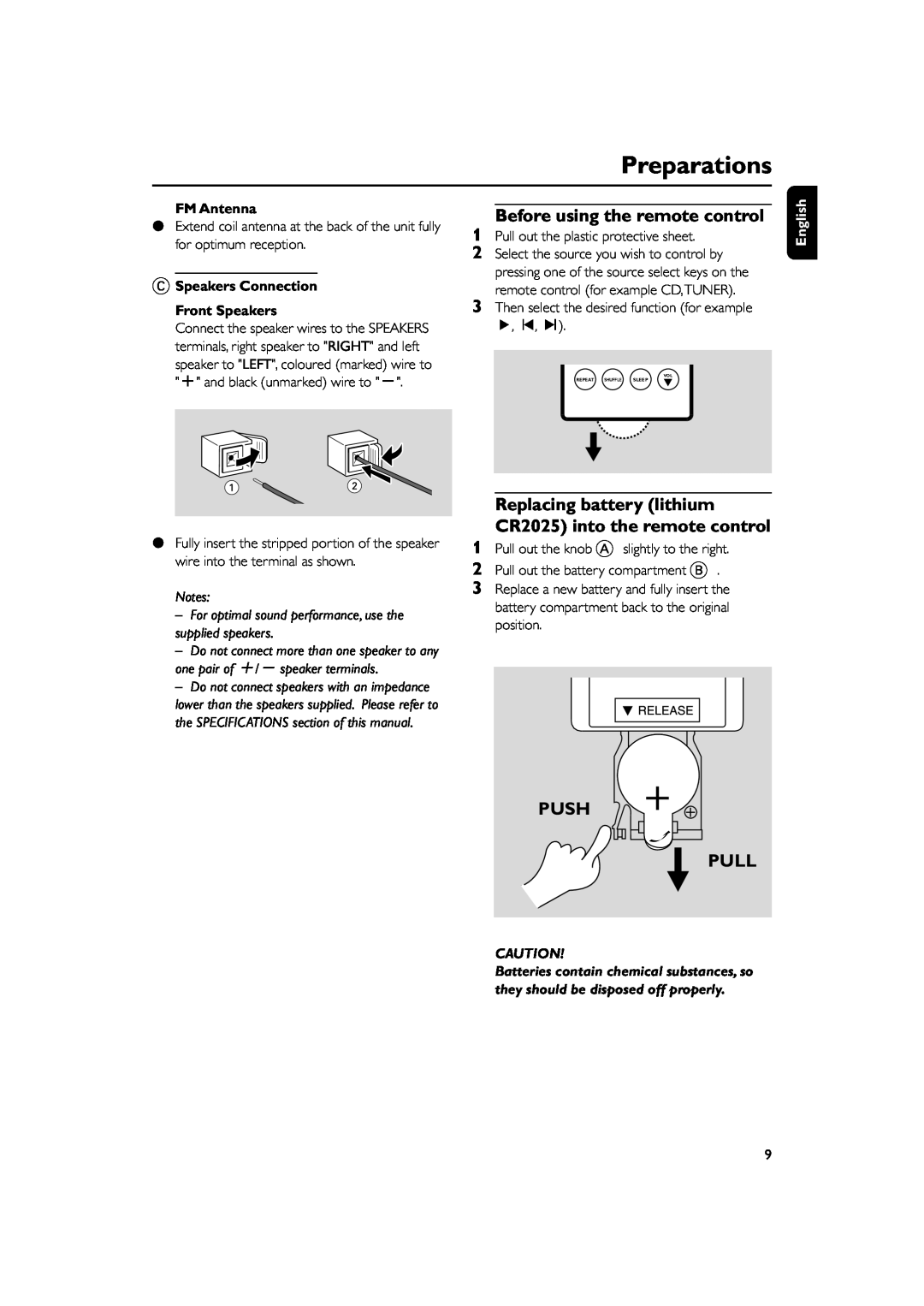 Philips MC150 manual Before using the remote control, Push Pull, Preparations, É, í, ë, English 