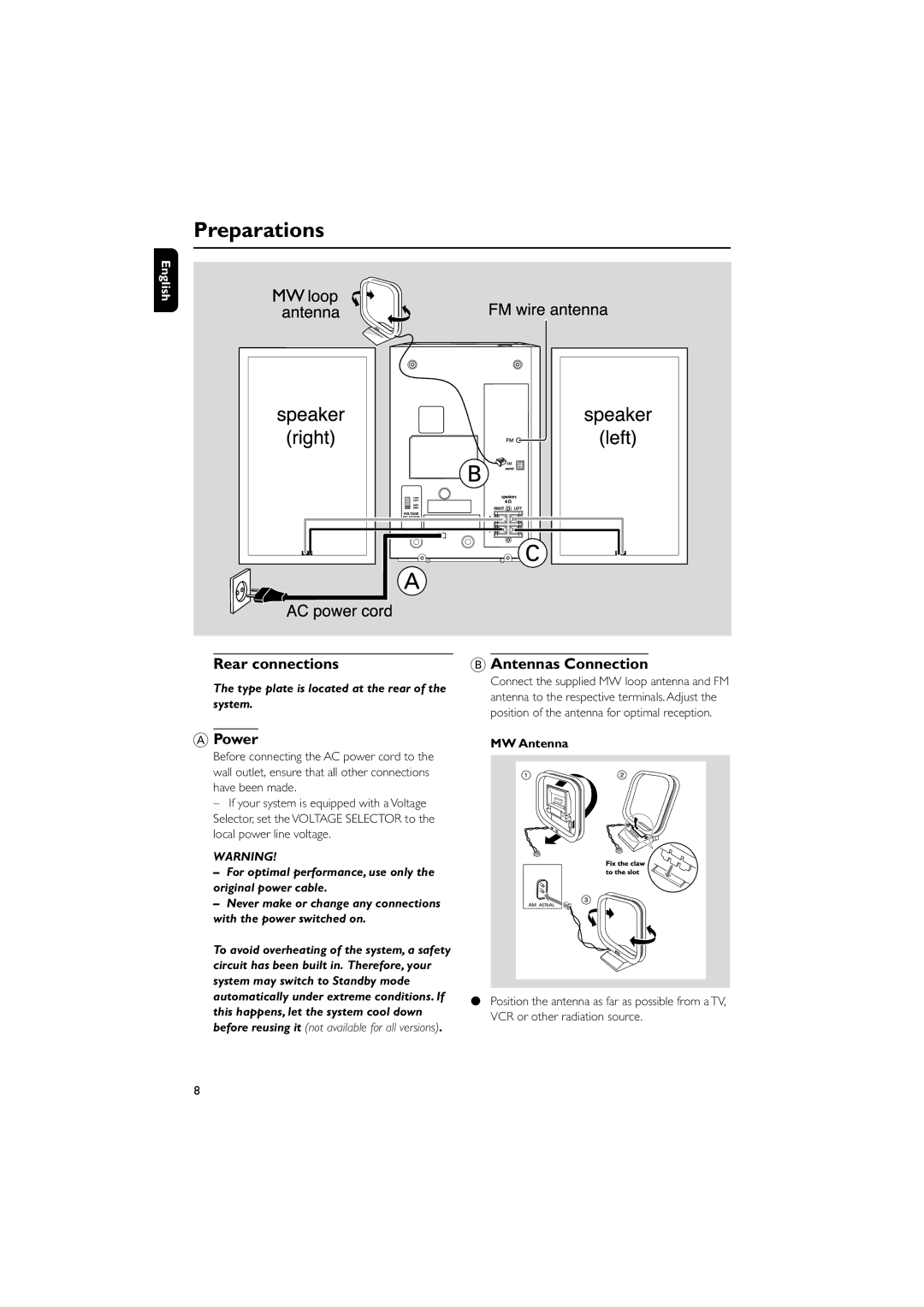 Philips MC150/21 manual Preparations, Rear connections, Power Antennas Connection, MW Antenna 